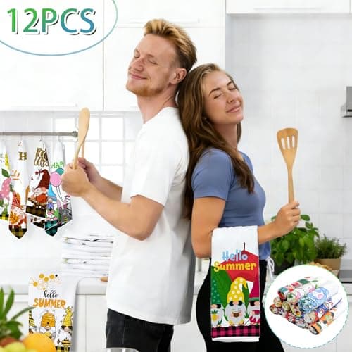Vetoxka 12 PCS Seasonal Kitchen Towel Set for All Holidays - Cute Valentine St Patricks Day Decorations Hand Dish Tea Towels Gift Bulk Spring Bee Easter Dishcloths for Cooking Housewarming Gnome Gifts - Thumbnail 2