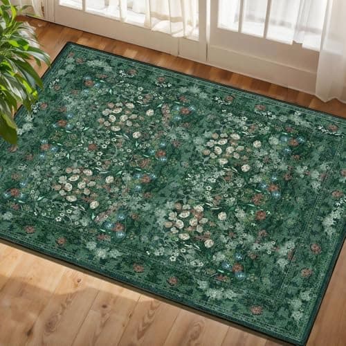 Green Cottagecore Washable Floral Rugs for Entryway - 2x3 Small Vintage Throw Rugs for Kitchen, Bathroom, Laundry, Indoor Entrance - Low Pile Non Slip Thin Rug, Boho Distressed Front Door Floor Mat - Image 1
