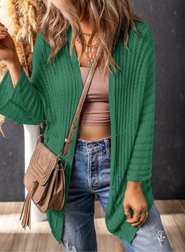 Dokotoo Vacation Outfits Resort Wear for Women 2026 Spring Summer Fashion Cardigan Sweaters Lightweight Cardigan Dressy Casual Crochet Beach Clothes Clothing Bathing Suit Cover Up Dark Green - Thumbnail 2
