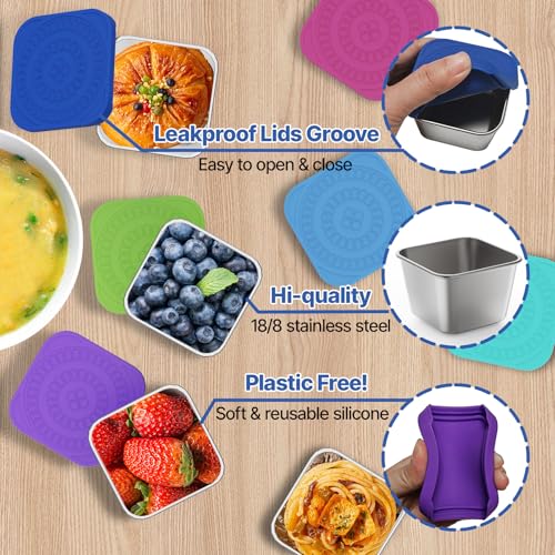 ENCYS Set of 8 Snack Containers,Reusable Snack Container,Stainless Steel lunch box ;Leak Proof Stackable Small Metal Food Containers with Silicone Lids - Thumbnail 6