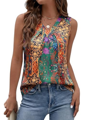 Funlingo Womens Summer Camisole Tops Silk Satin V Neck Pleated Tank Tops Dressy Casual Sleeveless Blouses Graphic Shirts Trendy Outfits Ethnic Prints XL - Image 1
