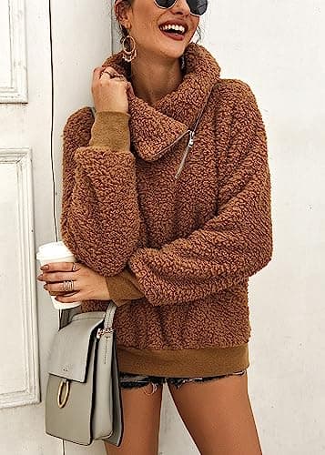 KIRUNDO Winter Clothing for Women Sherpa Pullover Fleece Zip Sweatshirt 2026 Fall Fashion Fuzzy Faux Shearling Warm Outwear(Large, Khaki) - Thumbnail 5