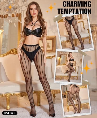 RSLOVE Women Sexy Fishnet Tights - High Waist Fishnet Striped Pantyhose Mesh Stockings Lingerie for Women Black - Thumbnail 5