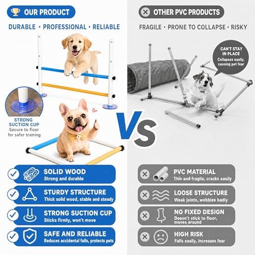 Wooden dog obstacle course indoor,Dog Agility Equipment with Suction Cups, Adjustable Puppy Play Gym Agility Hurdles,3-in-1 Dog Training Toys for Small Dogs, Portable Indoor Starter Kit with Guide - Thumbnail 3