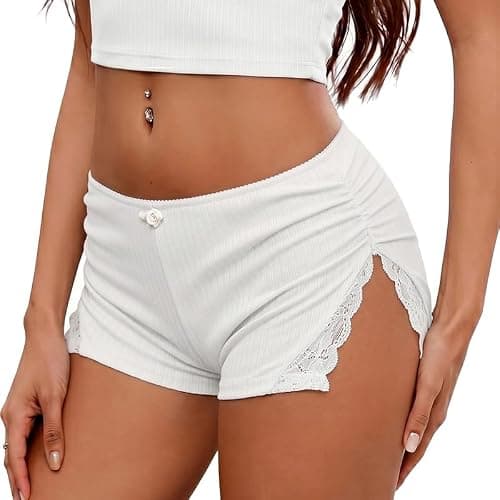 Marvmys Women's Y2K White Mini Shorts Split Lace Pajama Shorts Cheeky Shorts for Women Mini Lounge Shorts White M - Image 1