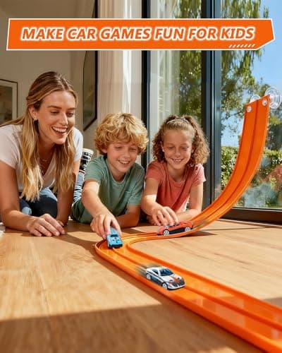 15Ft Flex Track Starter Set – Classic Extra Long Bendable Flexible Race Car Track, Rolls Up Racetrack Portable, Compatible with Diecast 1/64 Scale Cars, Kids 3+ Years-Orange - Thumbnail 5