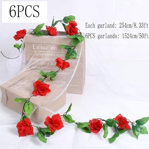 niuniufine 50FT Artificial Flowers Garlands Red 6PCS Silk Rose Hanging Vine with Green Leaves for Wedding Arch Party Christmas Home Decoration Flowers Arrangement - Thumbnail 5