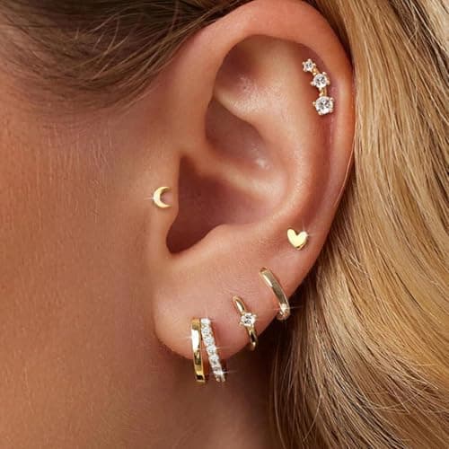 Small Gold Hoop Earrings for Women Dainty Gold Earrings| 14K Gold Plated Hypoallergenic Stud earrings Set| Cartilage Earrings for Multiple Piercing for Women (01-Gold-Moon) - Thumbnail 2