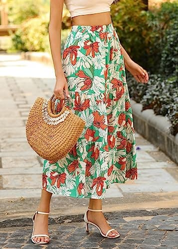 KIRUNDO Maxi Skirts for Women 2026 Summer Boho Floral High Waist Casual Flowy Long Skirt Beach Vacation Cruise Resort Wear(Floral Green Orange, Medium) - Thumbnail 6