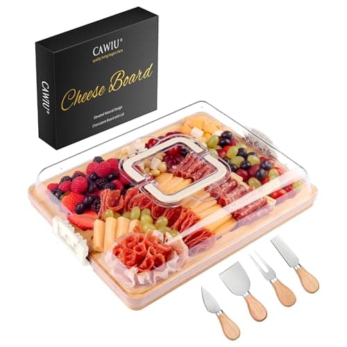 CAWIU Charcuterie Board with Lid and Handle - Portable Travel Design Bamboo Cheese Board Set with 4 Cheese Tools, Gift for Housewarming, Weddings, Picnics(6 Compartments, White) - Image 1
