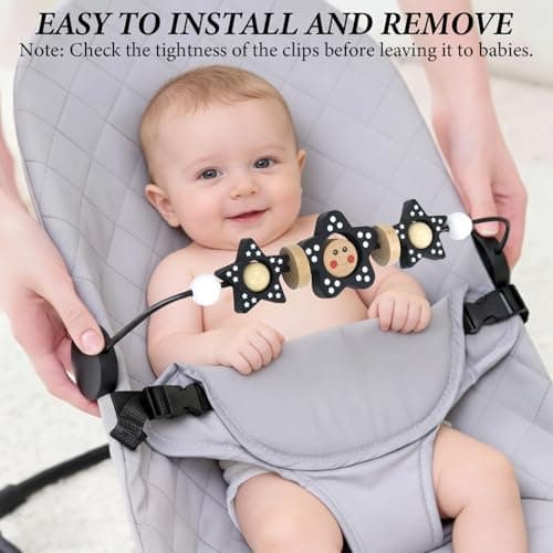 Baby Bjorn Bouncer Toy Bar Wooden Compatible with Baby Bjorn Bouncers, Attach Tight and Secure Fit, Easy to Remove, So Fun to Watch, Touch and Spin for Babies All Ages (Black and White Flower) - Thumbnail 6