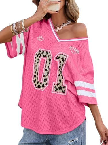 Bellcoco Women's Y2k Leopard Number Graphic Shirts Oversized Jersey Tops V Neck Off Shoulder Tees Football Streetwear Pink Graphic M - Image 1
