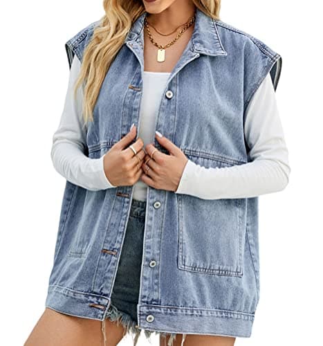 PAODIKUAI Women's Denim Vest Mid Long Jean Vest Sleeveless Jackets Distressed Vest Cotton (A-blue, Medium) - Image 1
