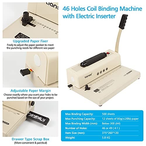 TIANSE Binding Machine - Electric Coil Inserter for Professional Binding, 12-Sheet Punch, for Letter/A4/A5 & Plastic/Metal Coils, with 100 Coil Spines & Pliers for Home, Office, School, DIY - Thumbnail 3