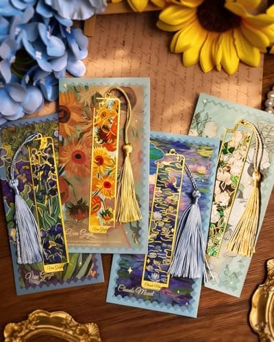 HOMTEK 4 Pieces Metal Bookmarks with Tassel, Golden Hollow Bookmark Van Gogh Monet Oil Painting Theme Book Marker for Book Lovers Writers Readers Children Teens Men Women Adults - Thumbnail 3