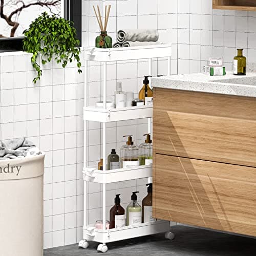 SPACEKEEPER Slim Rolling Storage Cart 4 Tier Bathroom Organizer Mobile Shelving Unit Utility Cart Tower Rack for Kitchen Laundry Narrow Places, White - Thumbnail 3