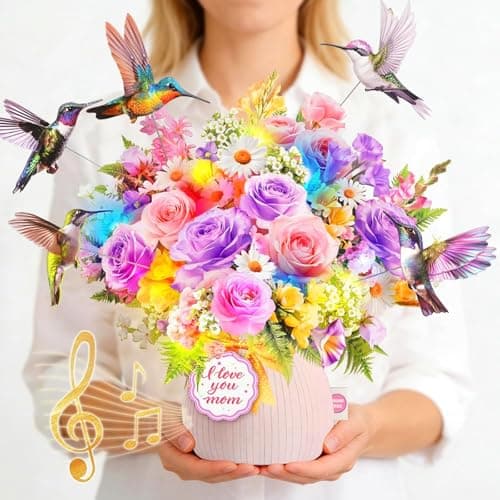 MZD8391 Mothers Day Card with Music & Lights, 3D Pop Up Mothers Day Gift, Hummingbird, 10 Inch Life Sized Forever Flower Bouquet Birthday Card For Mom, Women, Wife