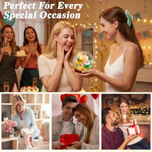 Elover Preserved Roses in Glass Dome with LED Light Long Lasting Real Flowers,Forever Eternal Rose for Mother's Day,Valentine's Day,Birthday Gifts for Women,Mum,Wife,Girlfriend (Champagne) - Thumbnail 4
