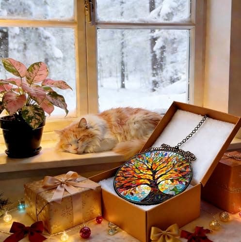 Stained Glass Window Hanging, Tree of Life Sun Catcher, Sun Catchers Indoor Window, Colorful Glass Panel,Suncatcher Room Decor,Gifts for Grandma Mom Wife,Aunt Birthday Gifts for Women 7.8in - Thumbnail 3