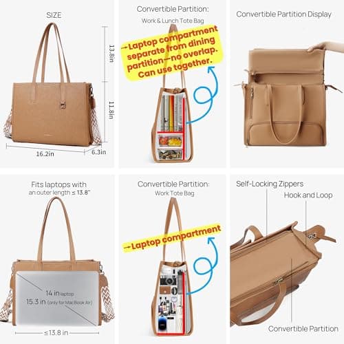 buyborgood Women’s Large leather Work Tote Bag with 14" Laptop Compartment Insulated Lunch Box, Light Brown - Thumbnail 5