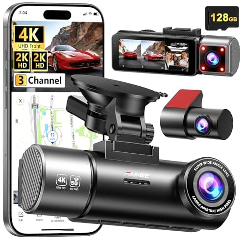 4K+2K+2K 3 Channel Dash Cam Front and Rear, 128GB Card Included, Dash Camera for Cars 5.8G/2.4G Dual Wifi, Built-in GPS, Night Vision, WDR, 170°Wide Angle, G-Sensor Emergency Lock, 24H Parking Monitor - Image 1