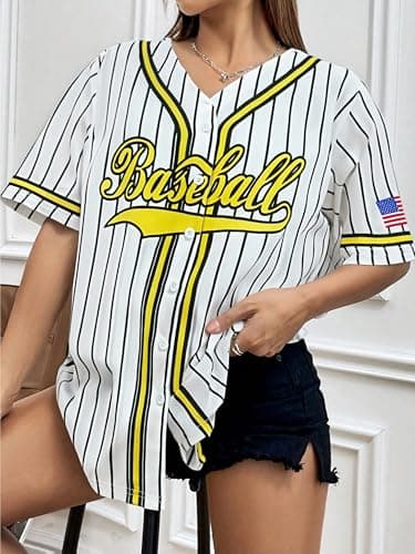 Baseball Shirt Jersey Women Baseball Player T-Shirt Game Day Fan Graphic Tees Button up Short Sleeve White Stripes - Thumbnail 4