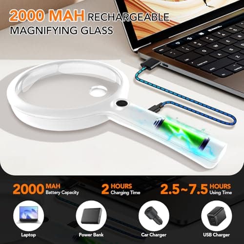 2000mAh Rechargeable Magnifying Glass with Light, Large Handheld Lighted Magnifier, 24 LEDs, 3 Light Modes, Reading Aid for Seniors & Low Vision (White) - Thumbnail 3