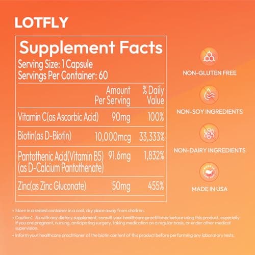 LOTFLY Biotin 10000 mcg with Zinc Vitamin C & Calcium Pantothenate – Supports Healthy Hair Growth, Strong Nails & Glowing Skin for Women & Men | Made in The USA | 60 Vegan Capsules (2 Months Supply) - Thumbnail 4