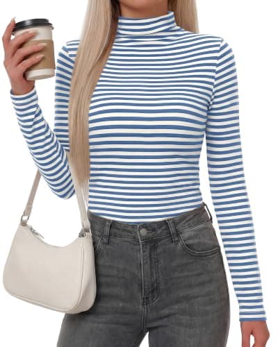 BTFBM Long Sleeve Shirts for Women Turtleneck Striped Shirt Lightweight Basic Thermal Underwear Tops 2026 Fall Fashion(Light Blue White, Small) - Thumbnail 2
