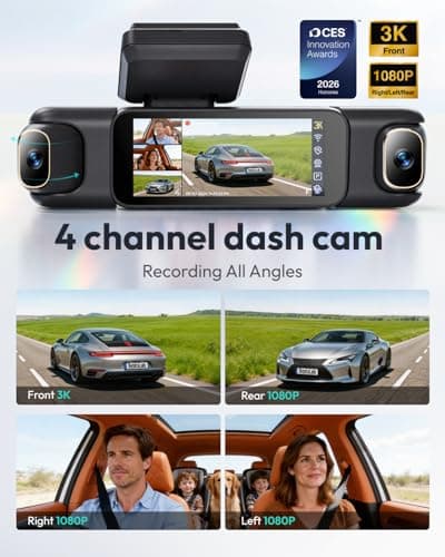 BOTSLAB 3K 4 Channel Dash Cam, 360° All-Around View, Front/Rear/Inside Car Cameras with 3.18" Touch Screen, Dash Camera 24/7 Parking Mode, Built-in GPS, 5.8GHz WiFi, Voice Control, 128GB Card Included - Thumbnail 2