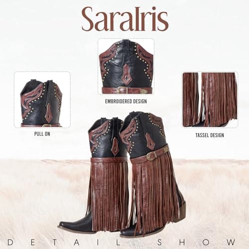 SaraIris Women's Black Cowgirl Boots Knee High Cowboy Boots Fringe Boots Chunky Heel Buckle Strap Tassel Boots Fashion Pointed Toe Pull On Western Boots for Women Size 7 - Thumbnail 4