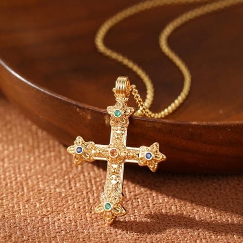 GZQ Chunky Gold Cross Necklaces for Women Big Cross Pendant Necklace Statement Long Chain Prayer Religious Jewelry (B) - Thumbnail 4