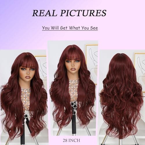 Barbique Burgundy Wig, Long Wavy Wig with Bangs, Glueless Wig Natural Hairline, Ready to Wear for Work Party Daily Use Beginner Friendly - Thumbnail 5