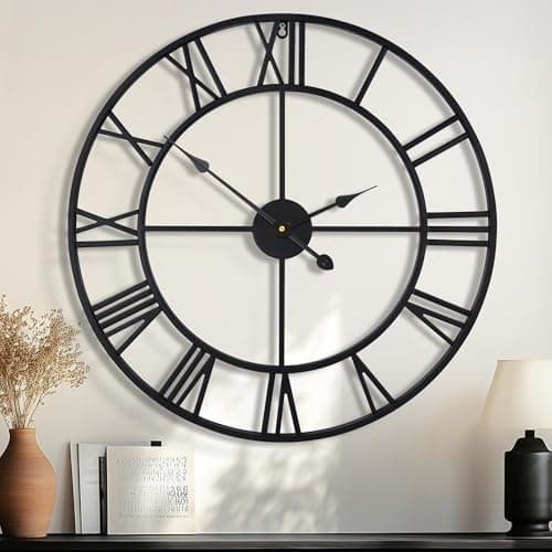 HAITANG Large Wall Clocks for Living Room Decor, 32 Inch Black Clock Metal Silent Non Ticking Battery Operated Modern Vintage Decorative Clock Wall for Bedroom