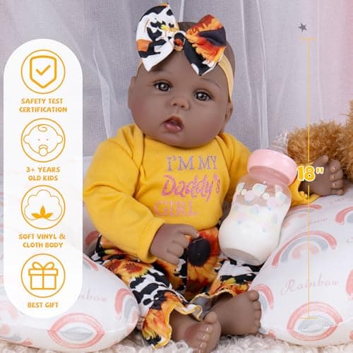Milidool Lifelike Black Reborn Baby Dolls Girl - 18 Inches Realistic Girl Baby Doll Black American Newborn Weighted Real Life Baby Dolls, Girls Gifts Set for Kids 3+, Pretend Play, Collection - Thumbnail 4