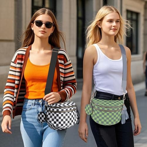 Bum Bags for Women Checkered Crossbody Bag Large Nylon Belt Purse Fanny Packs, Bonus with a Extra Strap - Thumbnail 2