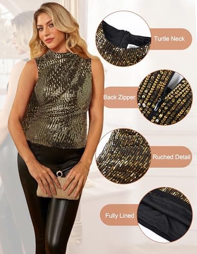 Sequin Tank Tops Crop Vest for Women Sparkly Glitter Sleeveless Cami Shimmer Club Party Top Shirts Black Gold Small - Thumbnail 4