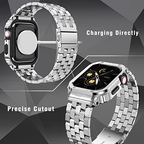 HASLFM Stainless Steel Band with Case Compatible with Apple Watch Series 9 8 7(45mm), Metal Protective Bumper Cover for iWatch Bands Men,Silver - Thumbnail 2