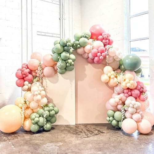 Pink and Green Balloons, 60Pcs 12 Inch Sage Green Pink Sand White Gold Confetti Balloons for Boho Baby Shower Jungle Woodland Floral Fairy Birthday Party Decorations - Thumbnail 3