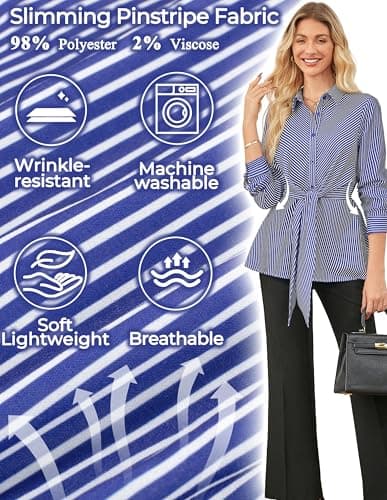 GRACE KARIN Peplum Tops for Women Tie Front Striped Button Down Shirt Collared Long Sleeve Business Casual Work Office Blouse Orange - Thumbnail 5