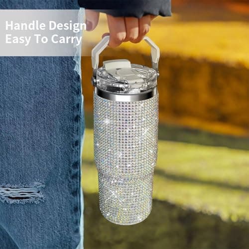 Bling Rhinestone Studded Tumbler with Top Handle, Bling Cups Stainless Steel Water Bottle Diamond Glitter Tumbler for Women - Birthday Gifts for Women, Mom,Get Well Soon Gifts (Northern light) - Thumbnail 4