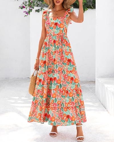 dowerme Summer Dresses for Women 2026 Casual Ruffle Smocked Tiered A-Line Boho Floral Maxi Beach Sun Dress with Pockets(Light Apricot Orange Flower,Small) - Thumbnail 2