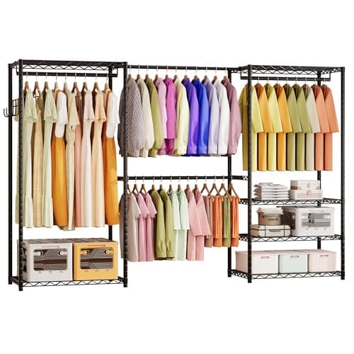 ecobedding Heavy Duty Garment Rack, 1000LBS Max Load Freestanding Closet Organizer with 6 Storage Shelves & 3 Adjustable Hanging Rods, Multifunctional, Glossy Black, 15.75" D x 70-88.5" W x 76.5" H - Image 1