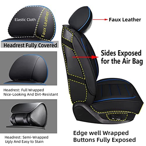 CAPITAUTO Seat Covers, Car Seat Covers Full Set, Black Car Seat Cover, Car Seat Covers Front Seats Back Seat Cover, Waterproof Faux Leather Seat Covers Fit for Most Cars Trucks SUV(Black&Blue) - Thumbnail 5