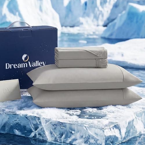 Dream Valley Cooling Sheets Queen Size, Cooling Fitted Breathable Bed Sheets & Flat Sheet with 2 Pillowcases-4 PCS for Night Sweats & Hot Sleepers, Q-Max >0.45 Aerocool, Deep Pocket 16",Quiet Gray - Image 1