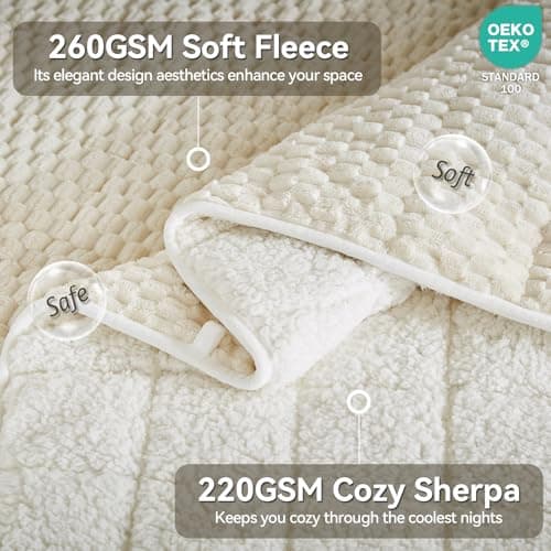 Weighted Blanket Queen Size for Adults,15lbs Jacquard Sherpa Heavy Blanket for Calming and Relax, Dual Sided Ultra Soft Fuzzy Throw Blanket with Glass Beads, 48" x 72", Cream White - Thumbnail 5