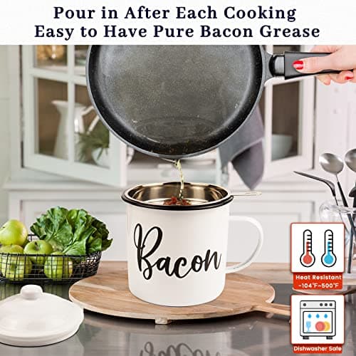 Bacon Grease Container with Strainer - With Food-Grade Silicone Spatula , 46oz Large Enamel Rustic Farmhouse Fat Container , Keeper , Recipes , Dishwasher Safe - Thumbnail 4