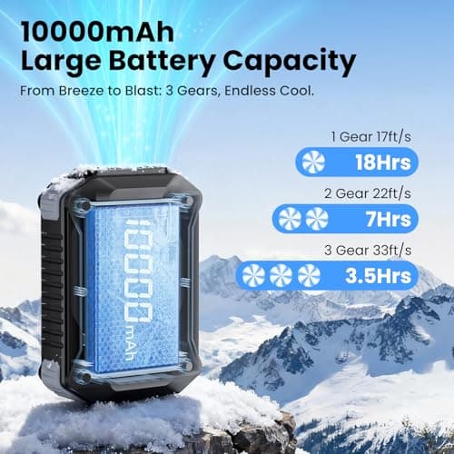 HandFun 10000mAh Portable Waist Fan with Charger & Flashlight - 3-Speed Strong Airflow, Shirt Fan Clip-On Belt for Outdoor Work, Construction, Hiking, Cooling (Black) - Thumbnail 6