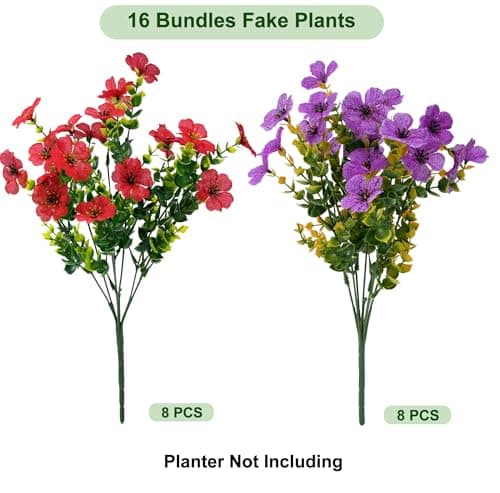 Vemander Artificial Flowers for Outdoor Fake Plants for Spring Decoration,Faux Eucalyptus Flowers for Planter UV Resistant Lifelike for Home Porch Garden (Purple/Red) - Thumbnail 2