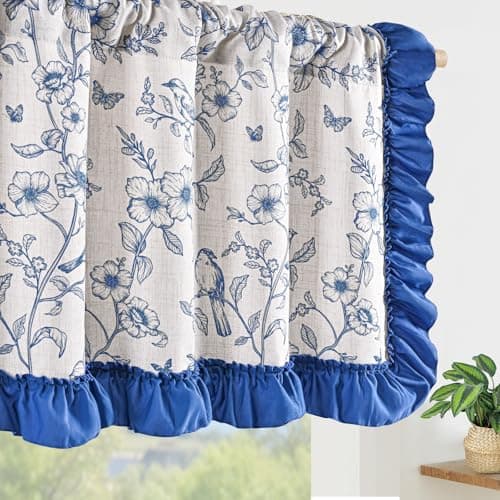 Yinhua Blue Floral Valances for Windows with Ruffle, Farmhouse French Linen Window Valances Curtains, Light Filtering Rod Pocket Kitchen Curtains Valance for Living Room Bathroom, 52" W x 18" L - Image 1